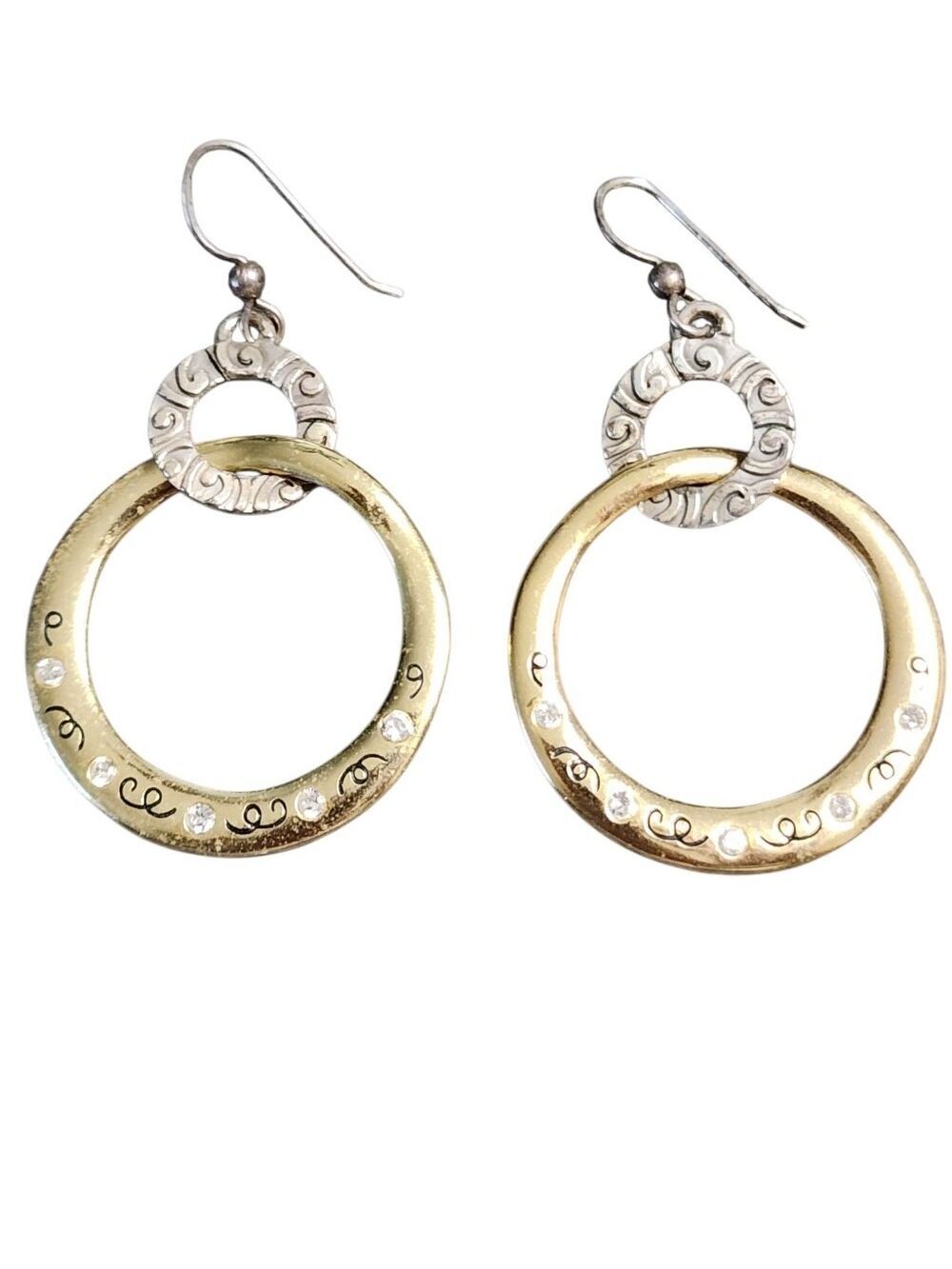 Two Tone Gold Silver Hoop Drop Earrings Crystal Accents